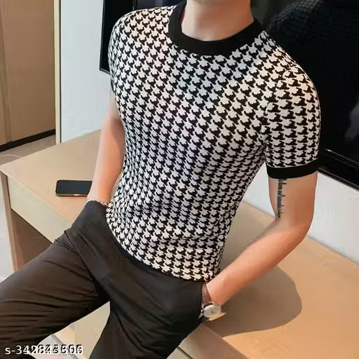 Men's Houndstooth Regular Round Multicolor Tshirt