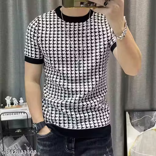 Men's Houndstooth Regular Round Multicolor Tshirt